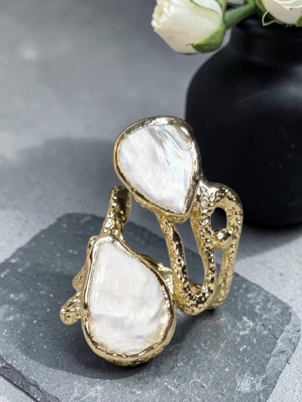 Huge 18k Gold Plated Artisan Genuine Freshwater Pearl Freeformed Statement Ring